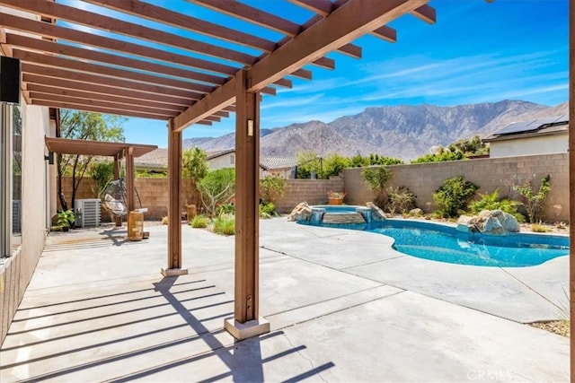 3773 Mission, Peak, Palm Springs, CA 92262 - view of swimming pool with a mountain view, a fenced backyard, a pergola, and a patio