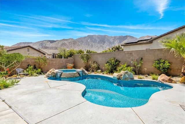 3773 Mission, Peak, Palm Springs, CA 92262 - view of pool with a fenced backyard, a mountain view, a patio area, and a pool with connected hot tub