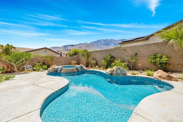 3773 Mission, Peak, Palm Springs, CA 92262 - view of pool with an in-ground hot tub, a fenced backyard, a mountain view, and a patio