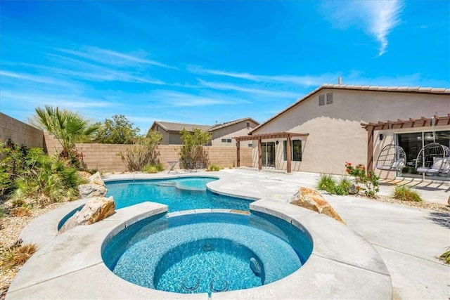 3773 Mission, Peak, Palm Springs, CA 92262 - view of swimming pool featuring a pergola, a patio area, a fenced backyard, and a pool with connected hot tub