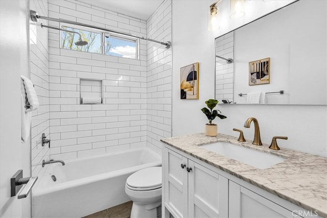 3773 Mission, Peak, Palm Springs, CA 92262 - full bath with toilet, vanity, shower / bathtub combination, and tile patterned flooring