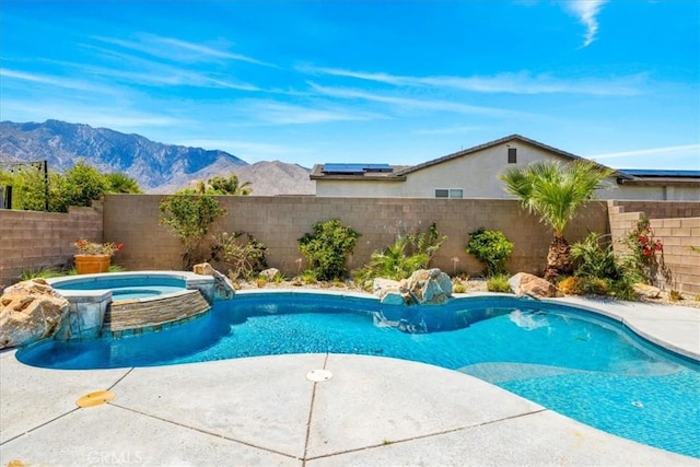 3773 Mission, Peak, Palm Springs, CA 92262 - view of swimming pool featuring a fenced backyard, a mountain view, and a pool with connected hot tub