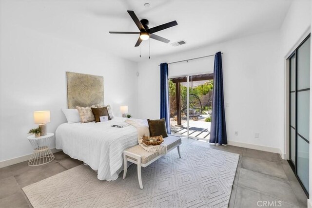 3773 Mission, Peak, Palm Springs, CA 92262 - bedroom featuring access to outside, baseboards, concrete flooring, and a ceiling fan