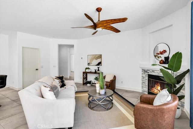 3773 Mission, Peak, Palm Springs, CA 92262 - living area with a ceiling fan and a tile fireplace