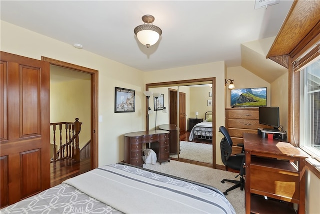 27513 St Bernard Ln, Lake Arrowhead, CA 92352 - carpeted bedroom with a closet and an office area