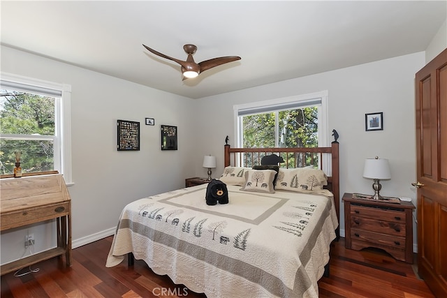27513 St Bernard Ln, Lake Arrowhead, CA 92352 - bedroom featuring multiple windows, dark wood finished floors, and ceiling fan