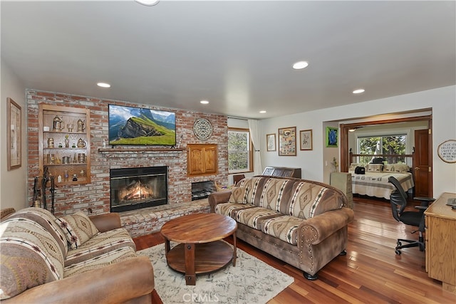 27513 St Bernard Ln, Lake Arrowhead, CA 92352 - living room with a fireplace, wood finished floors, and recessed lighting