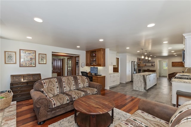27513 St Bernard Ln, Lake Arrowhead, CA 92352 - living room featuring dark wood-type flooring, recessed lighting, and a chandelier