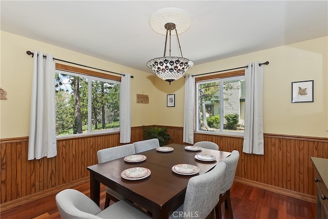 27513 St Bernard Ln, Lake Arrowhead, CA 92352 - dining space featuring a wainscoted wall, wooden walls, plenty of natural light, and wood finished floors