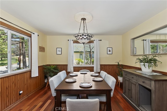 27513 St Bernard Ln, Lake Arrowhead, CA 92352 - dining space featuring wainscoting, wood walls, healthy amount of natural light, and dark wood-style floors