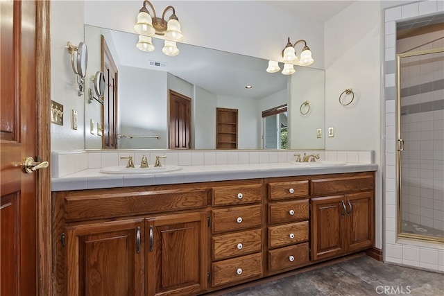 27513 St Bernard Ln, Lake Arrowhead, CA 92352 - full bathroom with double vanity, a shower stall, and wood finished floors