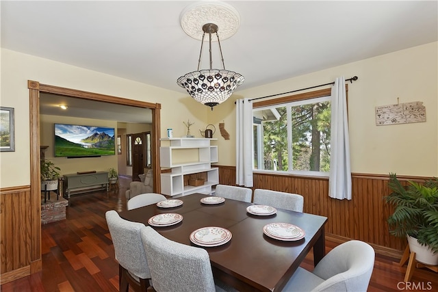 27513 St Bernard Ln, Lake Arrowhead, CA 92352 - dining room with a wainscoted wall, wood finished floors, and wooden walls