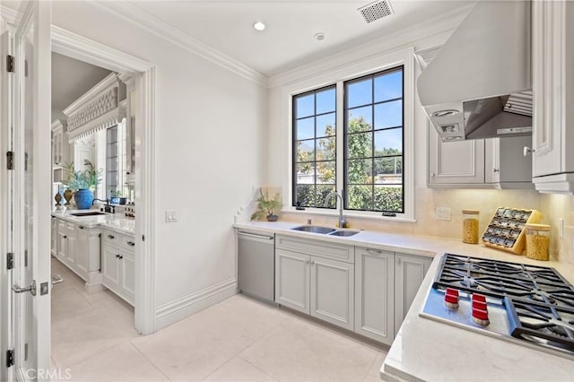 18 Dovetail Ln, Bradbury, CA 91008 - kitchen featuring a sink, stainless steel appliances, exhaust hood, ornamental molding, and light countertops
