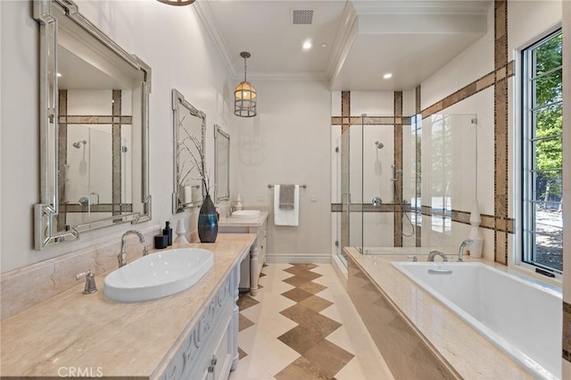 18 Dovetail Ln, Bradbury, CA 91008 - bathroom featuring ornamental molding, a stall shower, a garden tub, double vanity, and baseboards