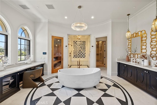18 Dovetail Ln, Bradbury, CA 91008 - full bathroom featuring a freestanding bath, recessed lighting, crown molding, a chandelier, and vanity
