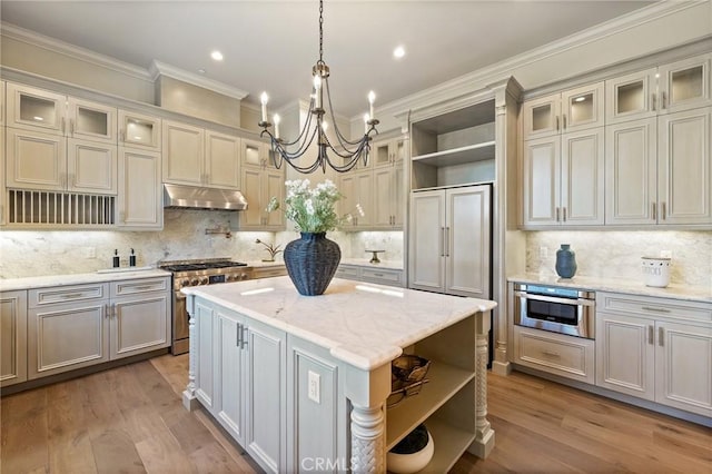 18 Dovetail Ln, Bradbury, CA 91008 - kitchen featuring open shelves, stainless steel appliances, under cabinet range hood, a chandelier, and a center island