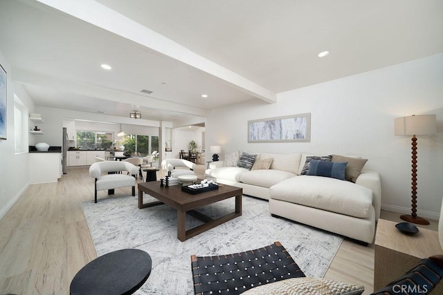 2610 King Way, Claremont, CA 91711 - living room featuring light wood-style floors, baseboards, recessed lighting, and beam ceiling