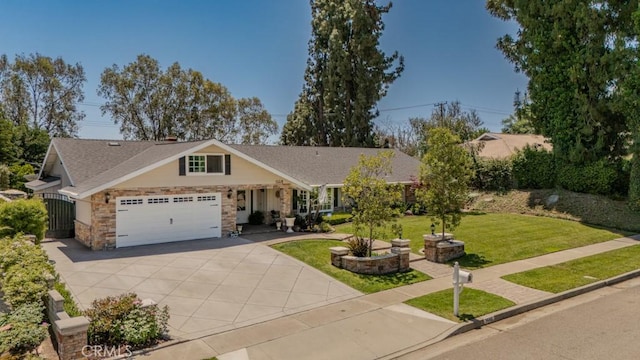 1448 W Domingo Rd, Fullerton, CA 92833 - view of front of home featuring concrete driveway, an attached garage, a front lawn, and stone siding