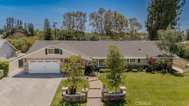 1448 W Domingo Rd, Fullerton, CA 92833 - single story home featuring concrete driveway, an attached garage, a front lawn, a shingled roof, and stone siding