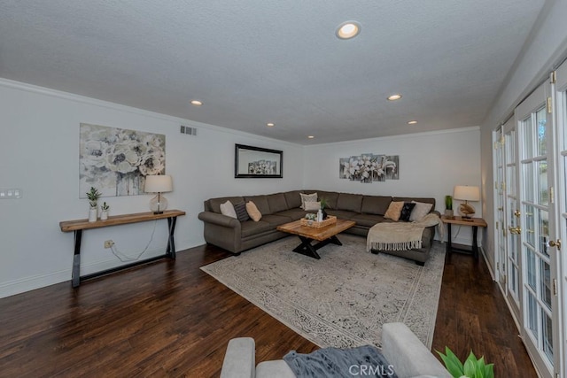 1448 W Domingo Rd, Fullerton, CA 92833 - living room with ornamental molding, wood finished floors, recessed lighting, baseboards, and french doors