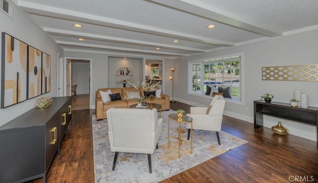 1448 W Domingo Rd, Fullerton, CA 92833 - living room featuring beam ceiling, dark wood-style floors, recessed lighting, and baseboards