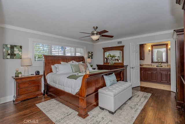 1448 W Domingo Rd, Fullerton, CA 92833 - bedroom featuring dark wood-style flooring, ornamental molding, ensuite bathroom, baseboards, and a ceiling fan