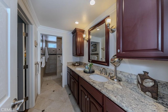 1448 W Domingo Rd, Fullerton, CA 92833 - bathroom featuring double vanity, toilet, a tile shower, ornamental molding, and tile patterned floors