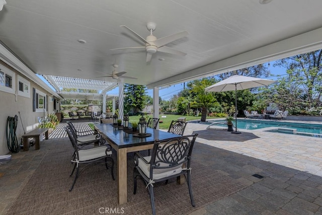 1448 W Domingo Rd, Fullerton, CA 92833 - view of patio featuring ceiling fan, outdoor dining space, and a pool with connected hot tub