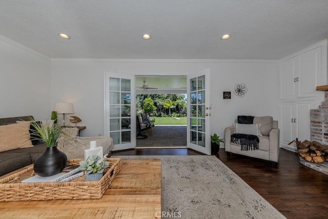 1448 W Domingo Rd, Fullerton, CA 92833 - living room featuring french doors, wood finished floors, crown molding, and recessed lighting