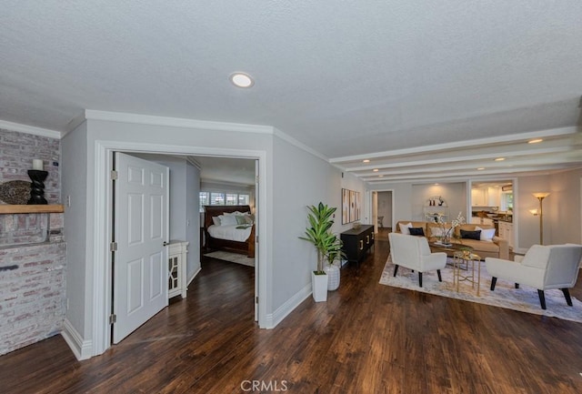 1448 W Domingo Rd, Fullerton, CA 92833 - living area with wood finished floors, ornamental molding, baseboards, a textured ceiling, and recessed lighting