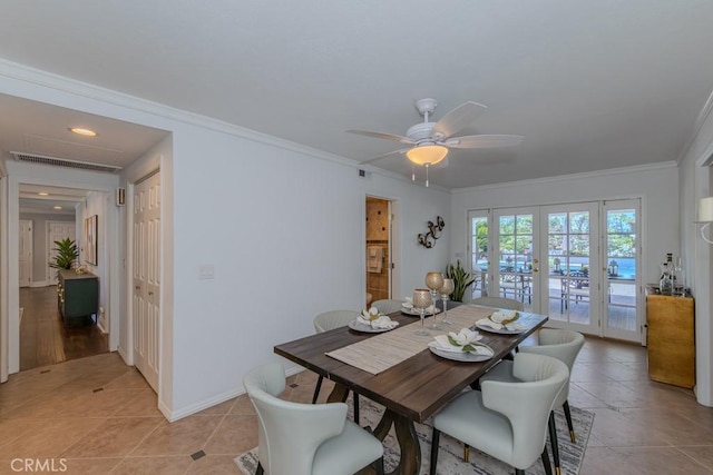 1448 W Domingo Rd, Fullerton, CA 92833 - dining area featuring a ceiling fan, french doors, ornamental molding, and light tile patterned floors