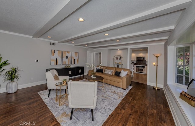 1448 W Domingo Rd, Fullerton, CA 92833 - living area with wood finished floors, baseboards, beamed ceiling, a textured ceiling, and recessed lighting