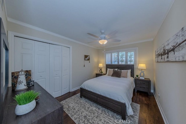 1448 W Domingo Rd, Fullerton, CA 92833 - bedroom featuring a closet, dark wood finished floors, crown molding, and baseboards