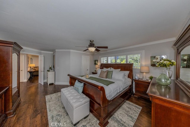 1448 W Domingo Rd, Fullerton, CA 92833 - bedroom with dark wood-style floors, ornamental molding, ceiling fan, and baseboards