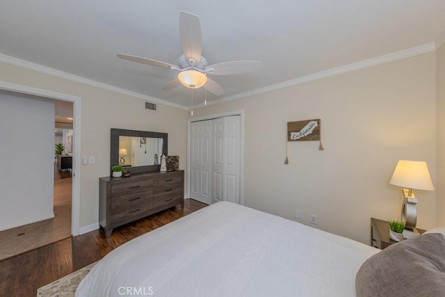 1448 W Domingo Rd, Fullerton, CA 92833 - bedroom featuring dark wood-style flooring, ornamental molding, a closet, ceiling fan, and baseboards