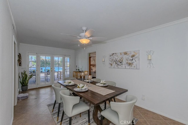 1448 W Domingo Rd, Fullerton, CA 92833 - dining space featuring french doors, crown molding, light tile patterned floors, ceiling fan, and baseboards