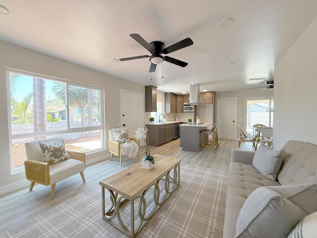 9944 Donner St, Santee, CA 92071 - living area featuring ceiling fan, light wood-type flooring, and baseboards
