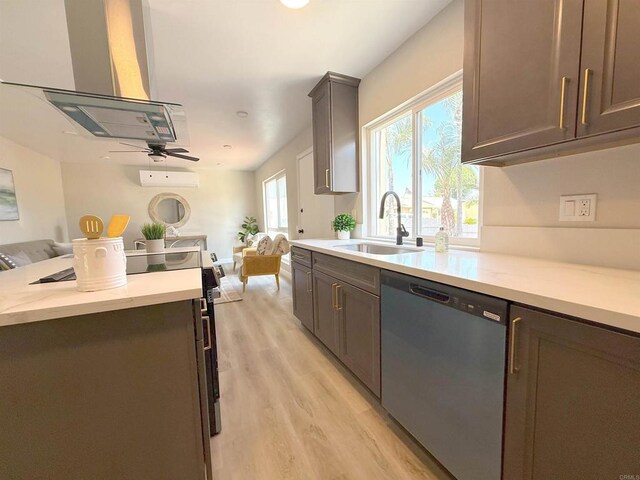 9944 Donner St, Santee, CA 92071 - kitchen with appliances with stainless steel finishes, a sink, open floor plan, and island exhaust hood