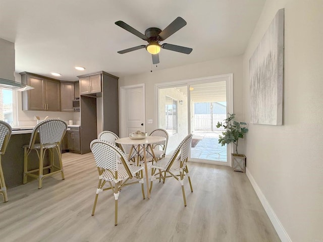 9944 Donner St, Santee, CA 92071 - dining area featuring light wood-style flooring, baseboards, ceiling fan, and recessed lighting