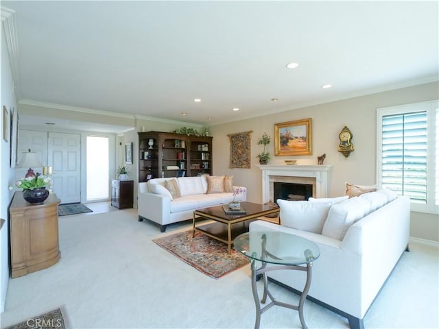 30915 Oceangrove Dr, Rancho Palos Verdes, CA 90275 - living area featuring carpet, ornamental molding, a fireplace, and recessed lighting
