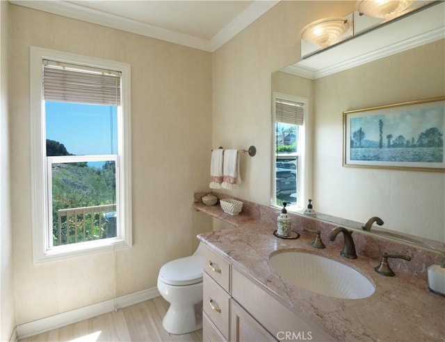 30915 Oceangrove Dr, Rancho Palos Verdes, CA 90275 - bathroom with toilet, crown molding, vanity, baseboards, and wood finished floors