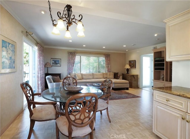 30915 Oceangrove Dr, Rancho Palos Verdes, CA 90275 - dining space featuring plenty of natural light, a chandelier, recessed lighting, baseboards, and crown molding