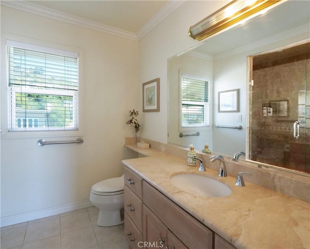 30915 Oceangrove Dr, Rancho Palos Verdes, CA 90275 - full bathroom with tile patterned floors, a shower stall, toilet, ornamental molding, and vanity