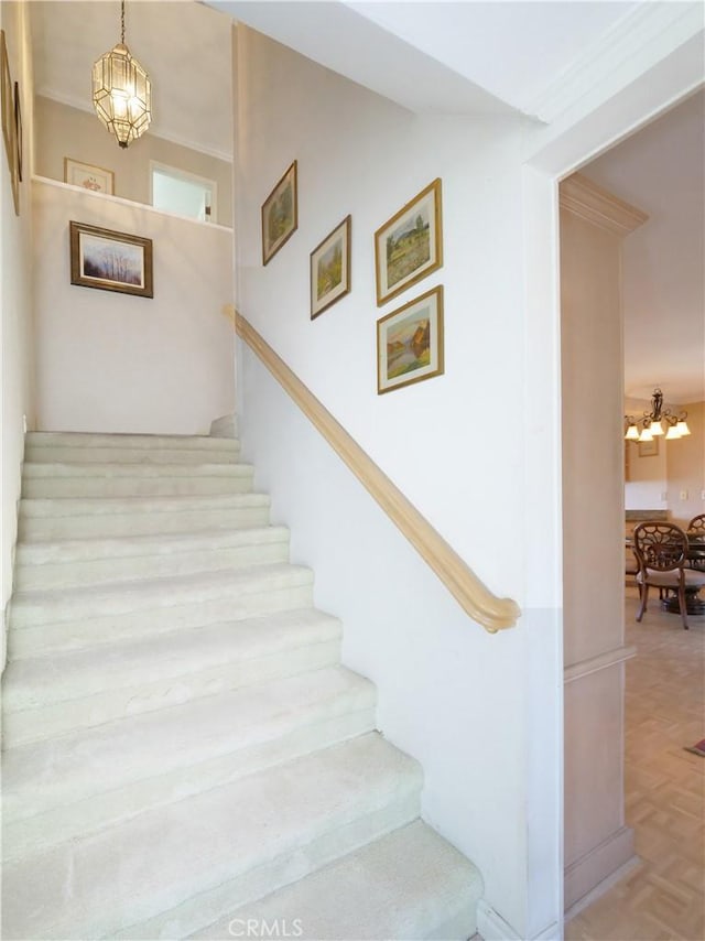 30915 Oceangrove Dr, Rancho Palos Verdes, CA 90275 - stairs featuring a chandelier