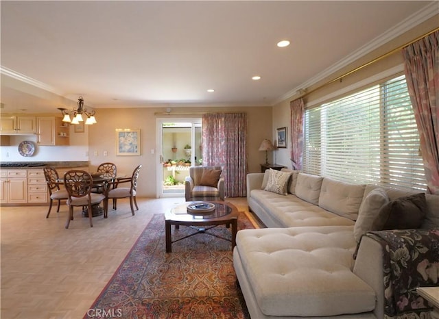 30915 Oceangrove Dr, Rancho Palos Verdes, CA 90275 - living area with a chandelier, crown molding, and recessed lighting