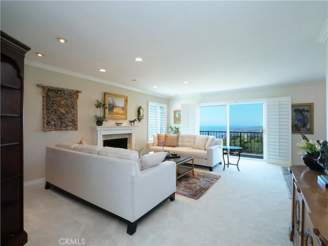 30915 Oceangrove Dr, Rancho Palos Verdes, CA 90275 - living area with crown molding, a fireplace, light carpet, and recessed lighting