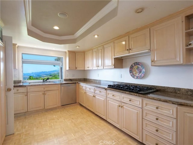 30915 Oceangrove Dr, Rancho Palos Verdes, CA 90275 - kitchen with dishwasher, a raised ceiling, black gas stovetop, open shelves, and a sink