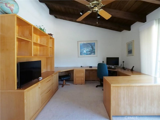 30915 Oceangrove Dr, Rancho Palos Verdes, CA 90275 - office area with built in study area, wooden ceiling, light carpet, and ceiling fan