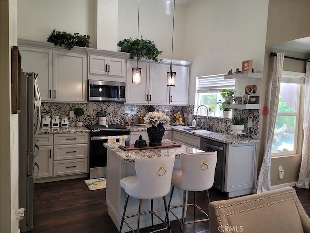 kitchen featuring stainless steel appliances, a sink, dark wood-style flooring, and tasteful backsplash