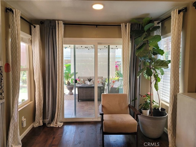 living area with plenty of natural light, dark wood-style floors, and baseboards